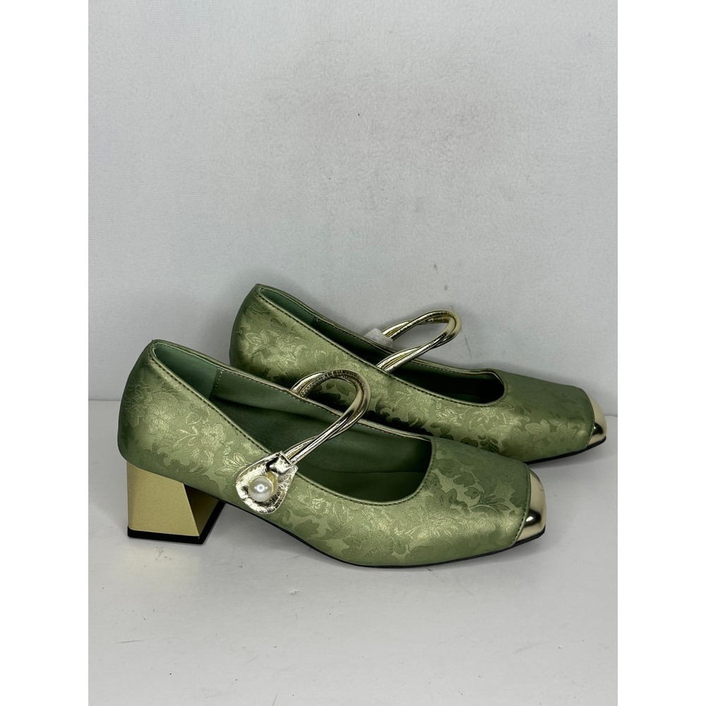 Green Floral Jacquard Mary Jane Block Heels Gold Square Toe Pearl Strap EU 38